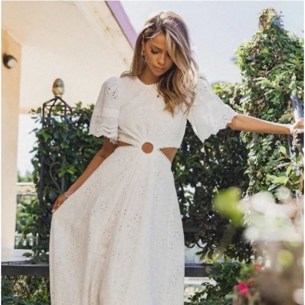 $109 Petal & Pup Merletto Short Sleeve Cutout Eyelet Maxi Dress Sz M